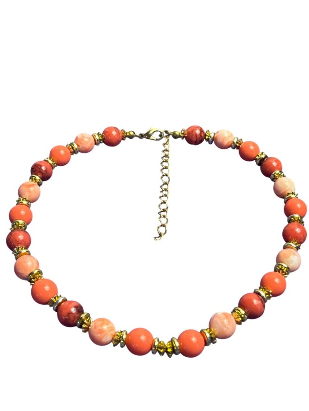 Orange White Swirled Plastic Beaded Goldtone Choker Collar Necklace 13 - 15.5 in
